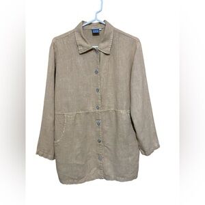 Ivy Tan Linen Tunic in Size Large. Long Sleeve, Button Front.